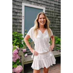Cartolina Nantucket White Eyelet Cotton Flutter Sleeve Mini Dress Size S